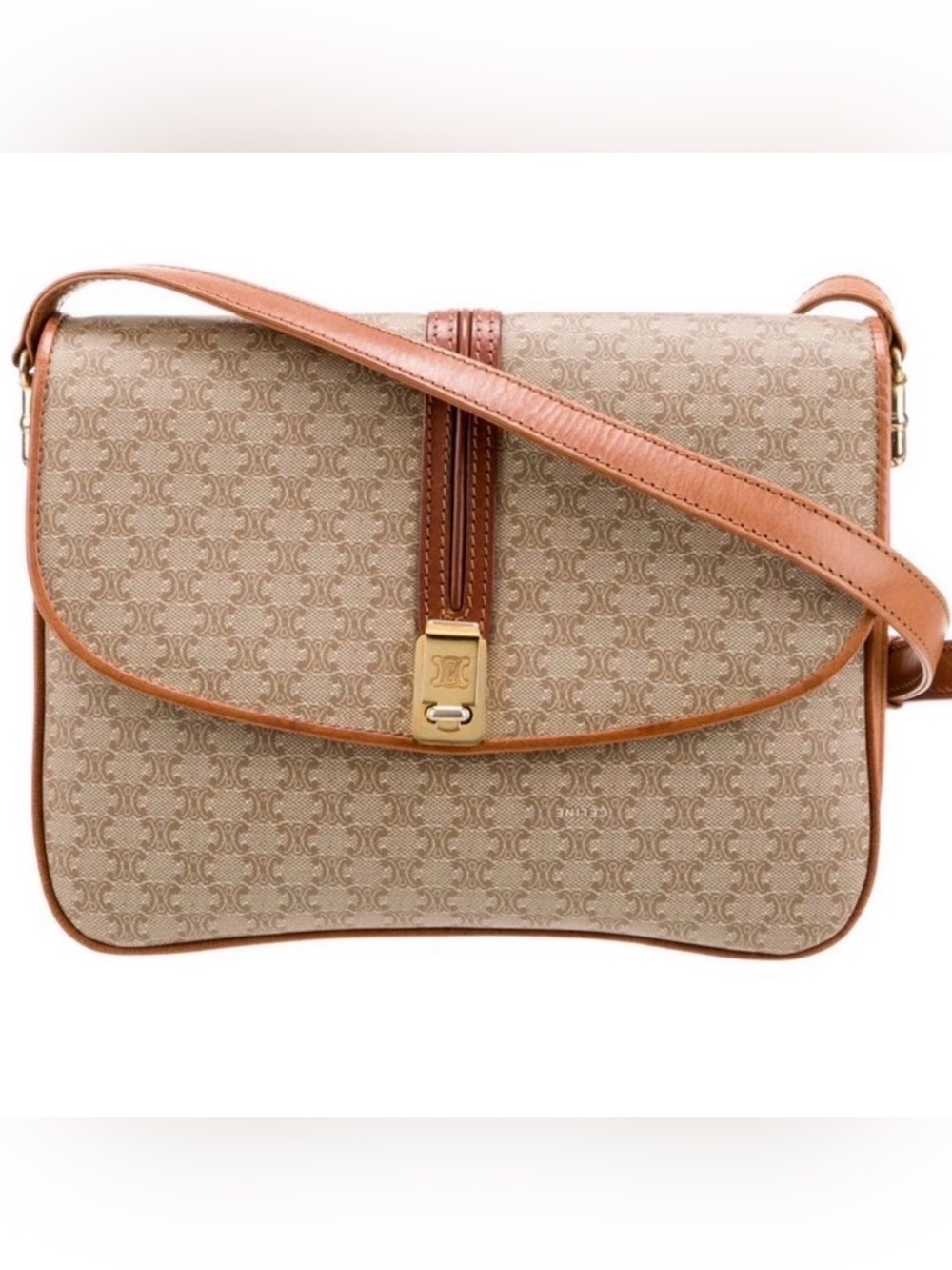 CELINE Beige & Tan Triomphe Canvas Crossbody Bag